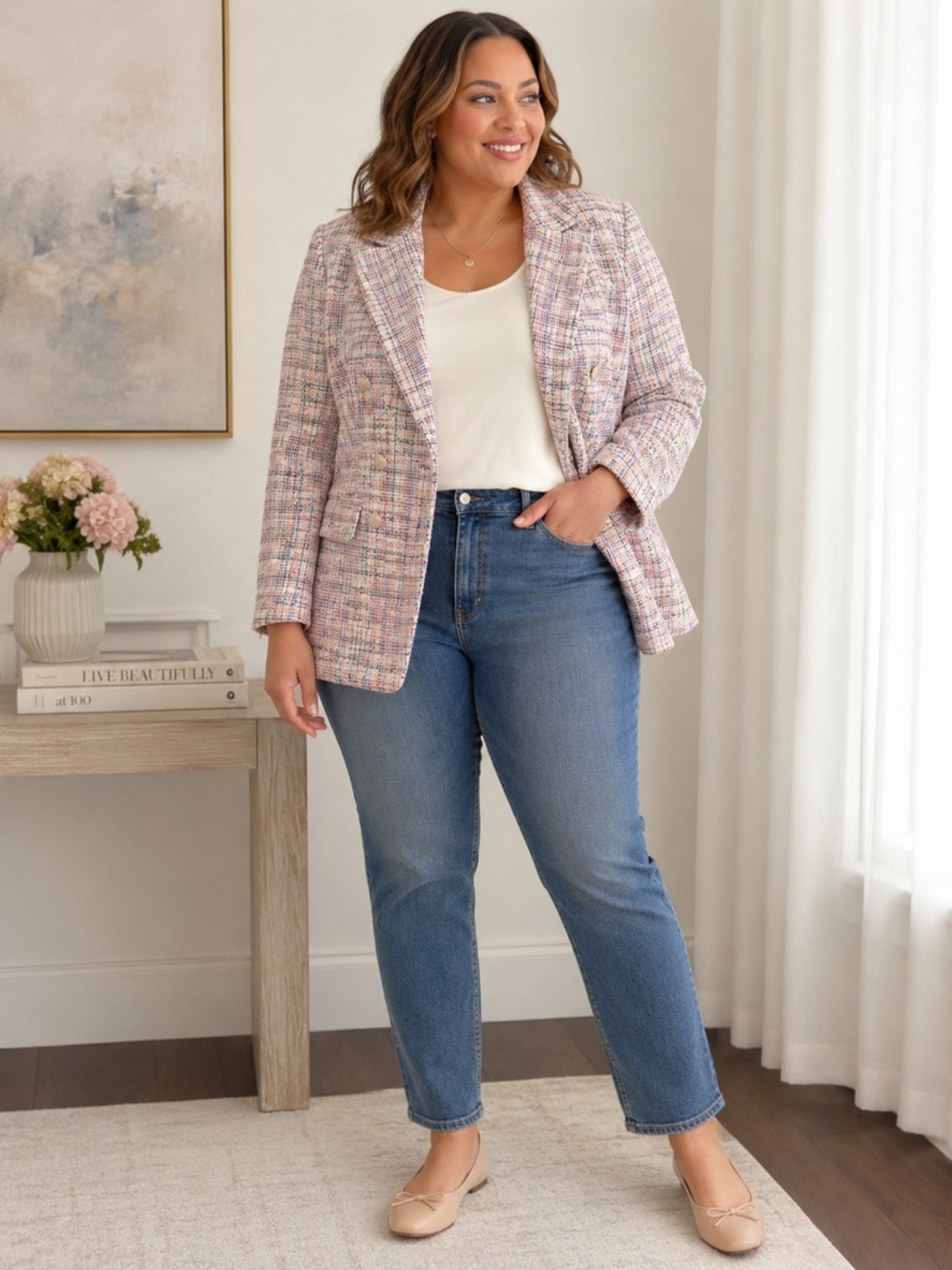 Ashley Stewart Pastel Tweed Bouclé Blazer Jacket Pink Blue Plaid 18/20 Plus